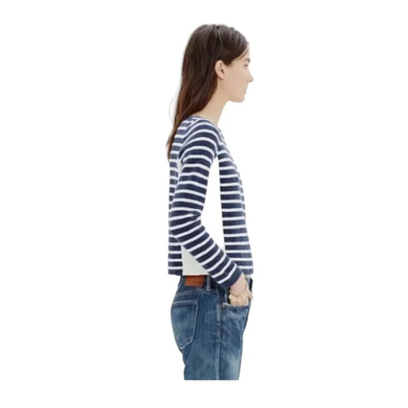 Madewell Small Striped Cropped Boatneck Shoulder Zipper Cotton Wool Sweater - Picture 2 of 14